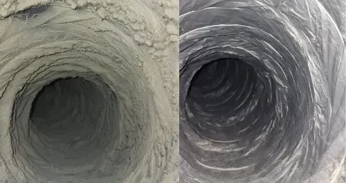 Side-by-side comparison of a dryer vent before and after professional cleaning, showing the removal of lint buildup and blockages. Before and After Dryer Vent Cleaning